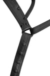 ARMY OF MEN original black leather Combat jockstrap with black rivets, snaps, and O-rings, laid flat and viewed from above.