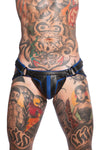 Front-on shot of male model in an original ARMY OF MEN black and blue leather jockstrap with matte black metal hardware.