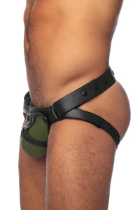 Black leather jockstrap with army green and black leather harness codpiece. Side view.