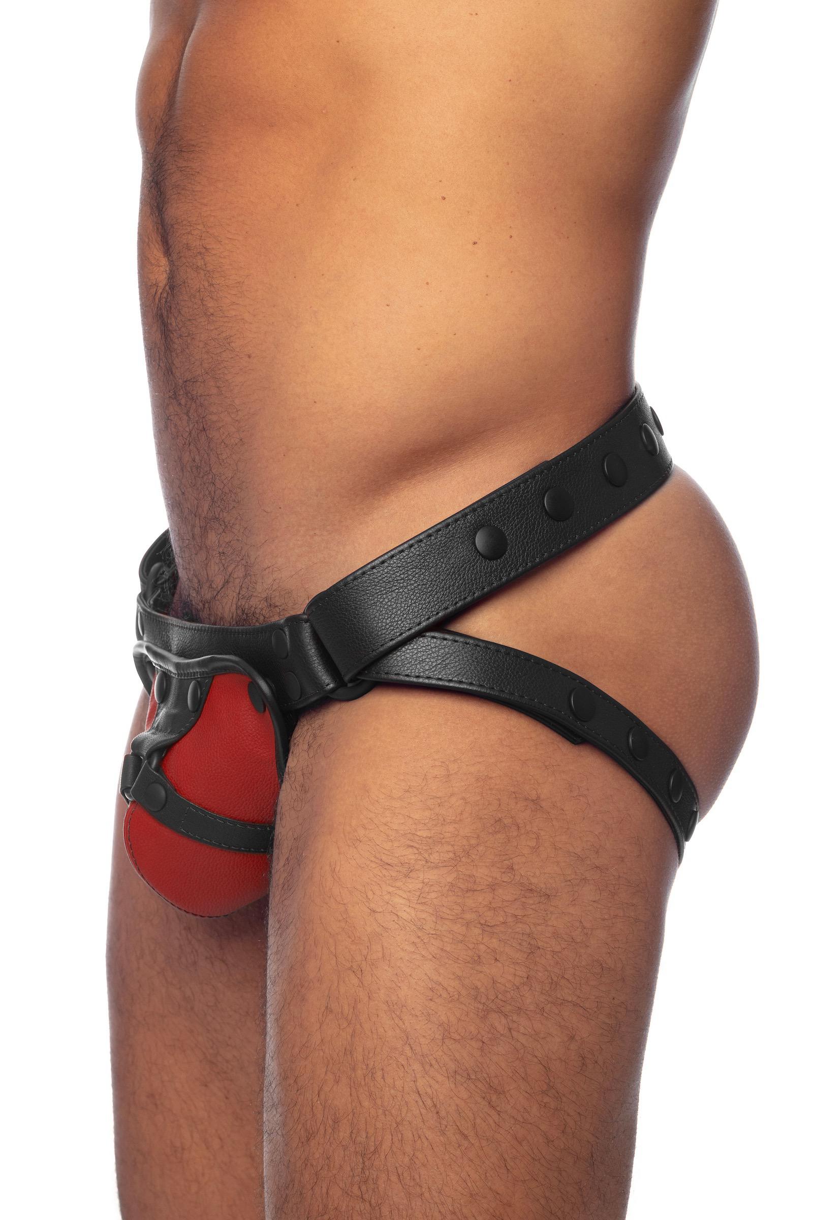Side view of an ARMY OF MEN Harness Jock - Red.