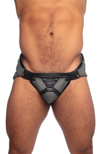 Front view of a muscular model in an ARMY OF MEN grey and black jockstrap.