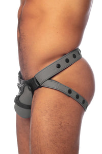 Thick model in a grey and black ARMY OF MEN jockstrap. Side view.