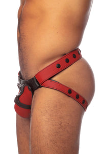 ARMY OF MEN red and black leather jock on a bulging male model. Side view. 