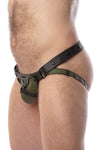 Side view of model wearing a black and army green leather jockstrap with harness detail on codpiece