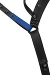 Flat view of lining side of a black and blue leather jockstrap