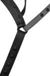 Flat view of front side of a black and grey leather jockstrap