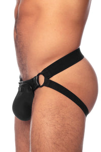 Side view of male model wearing a handcrafted ARMY OF MEN HYBRID JOCK - Black with matte black hardware.