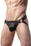 Side view of male model in an Australian made black elastic and leather hybrid jockstrap with stainless steel metal hardware.