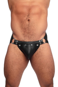 Front view of meaty model in a distinctive ARMY OF MEN HYBRID JOCK - Stainless Steel with stainless steel O-rings.