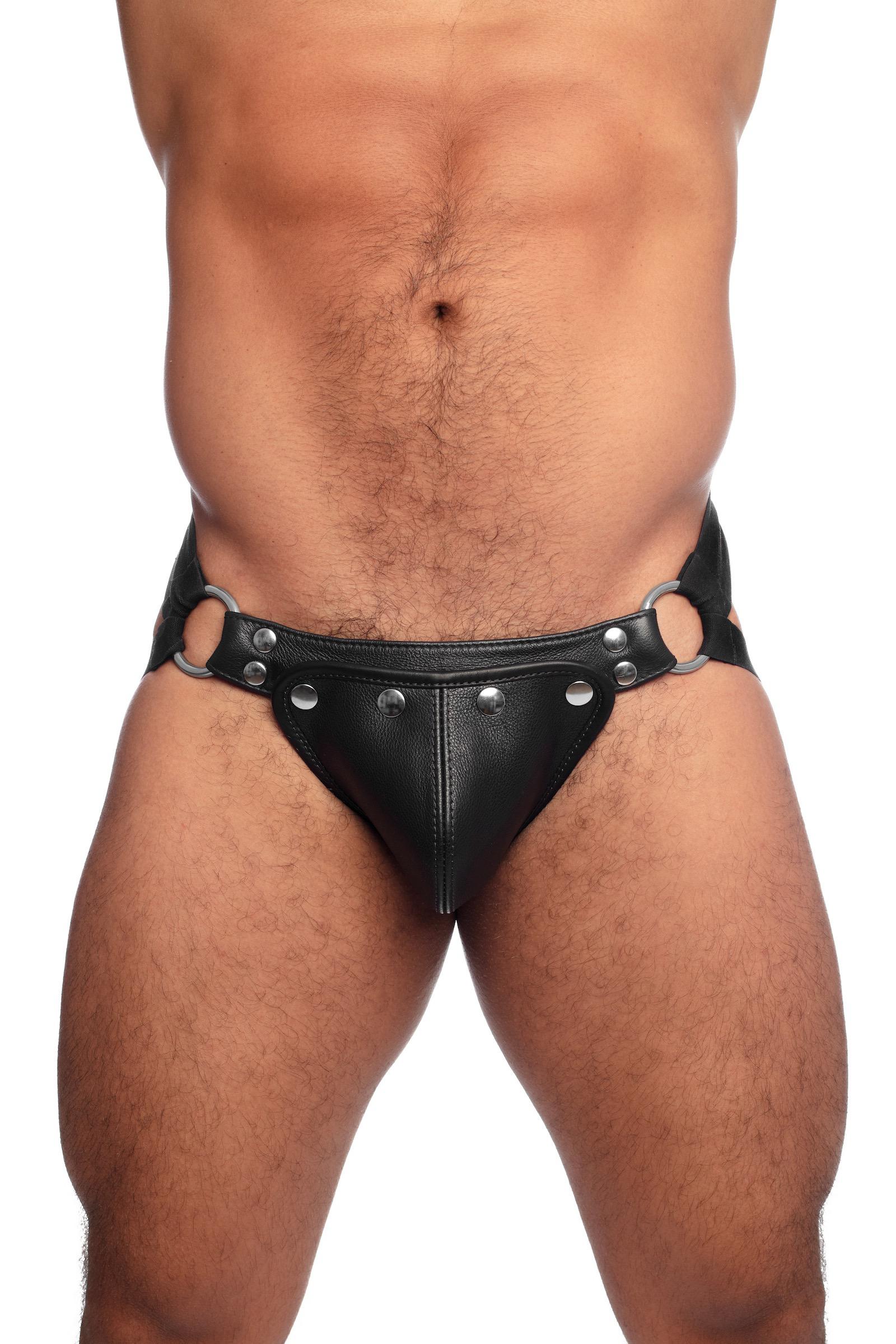 Front view of meaty model in a distinctive ARMY OF MEN HYBRID JOCK - Stainless Steel with stainless steel O-rings.