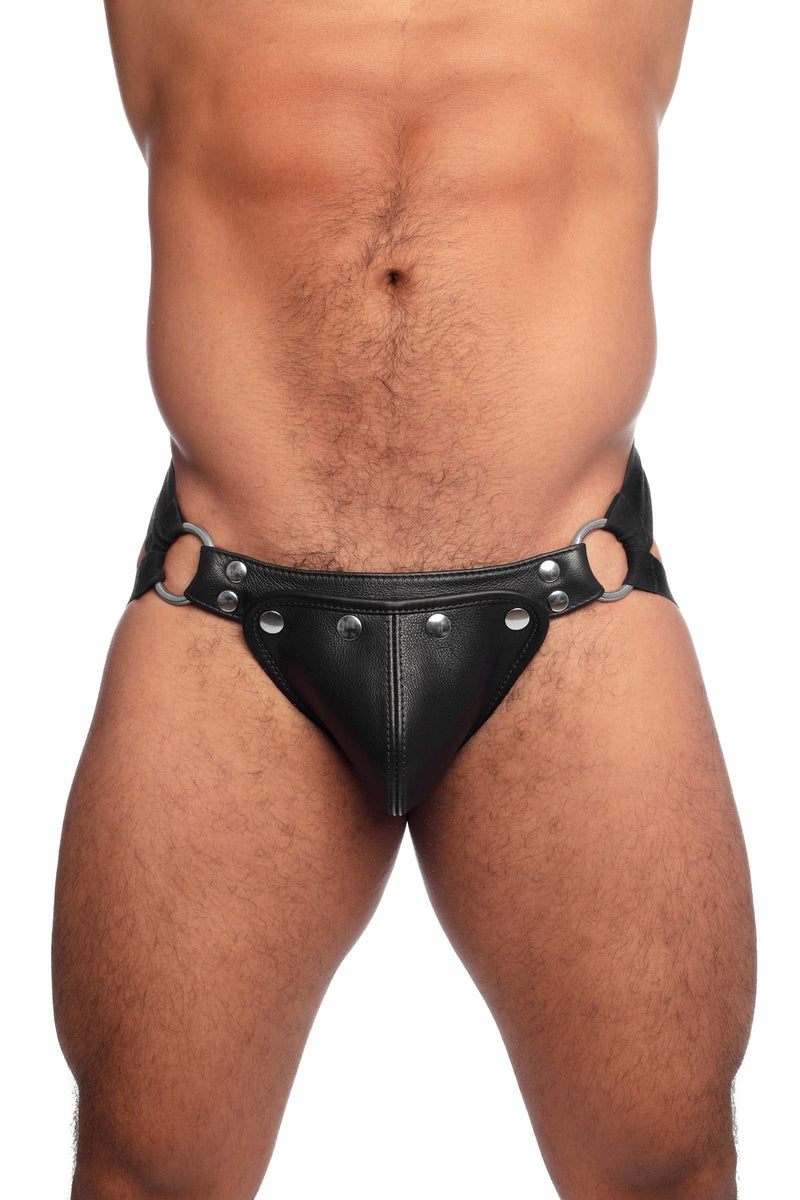Front view of meaty model in a distinctive ARMY OF MEN HYBRID JOCK - Stainless Steel with stainless steel O-rings.
