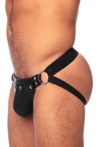 Side view of male model in an Australian made black elastic and leather hybrid jockstrap with stainless steel metal hardware.