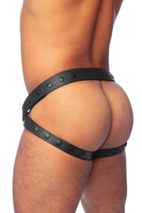 Back view of a solid male model in an AMRY OF MEN black leather jock.