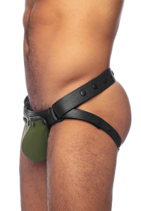 Side-on view of a model in a black and army green leather jockstrap.