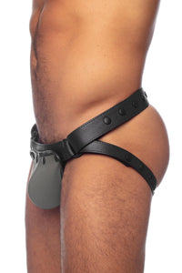 Model in a black leather jockstrap with grey leather codpiece. Viewed from the side.