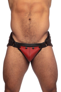 Black leather jockstrap with red standard codpiece. Front view.