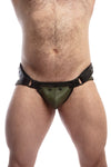 Front-on shot of male model in an ARMY OF MEN LEATHER JOCK 2.0 - Army Green with matt black metal snaps, rivets, and O-rings.