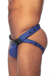 Side view of a stocky male model in a blue leather jockstrap.