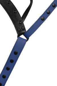 Close-up of a blue leather jockstrap front.