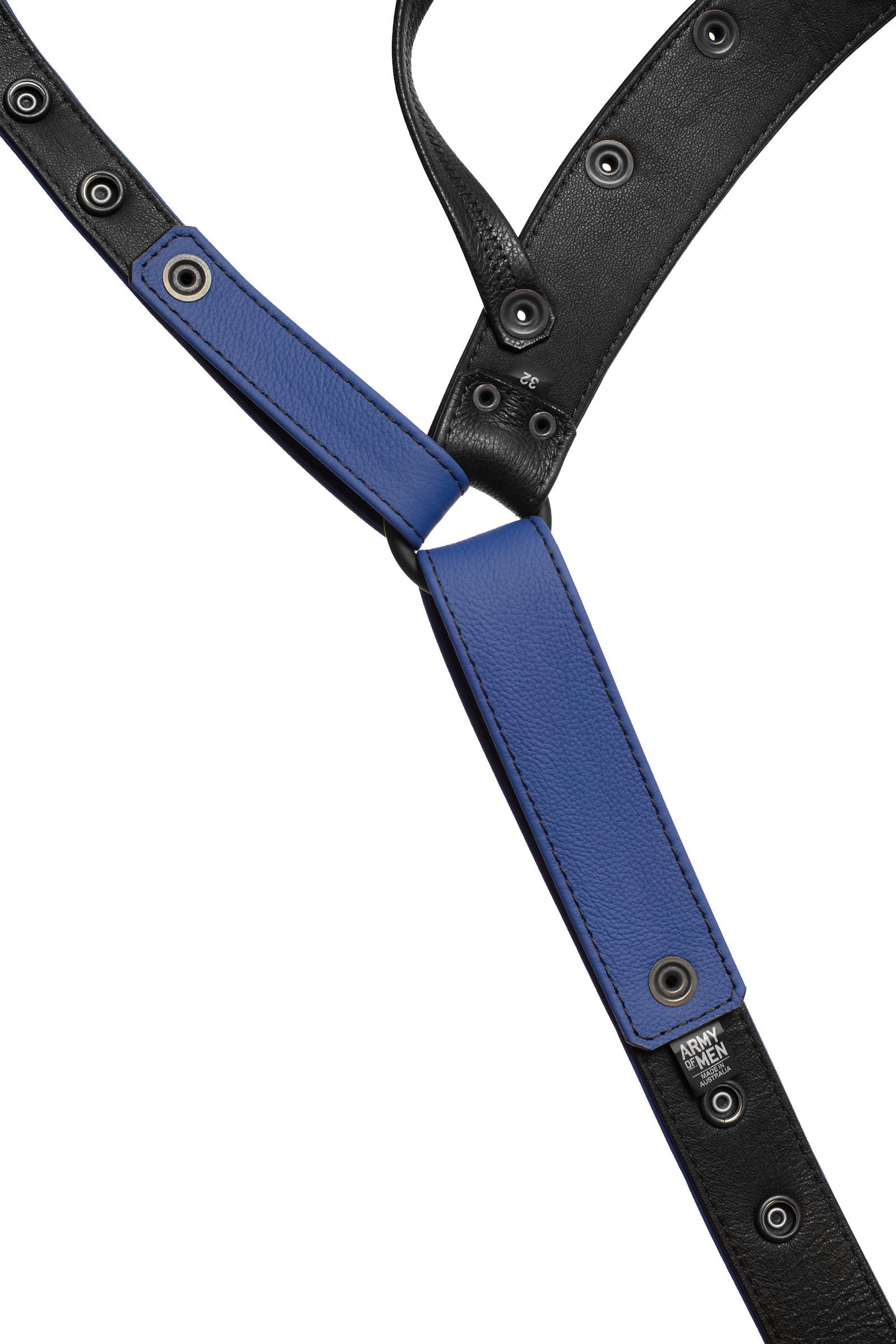 Detailed internal view of a blue leather jockstrap.