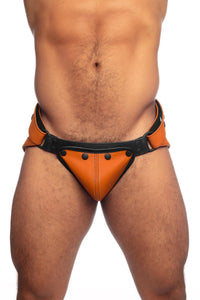 Orange leather jock on a thick male model, front on.
