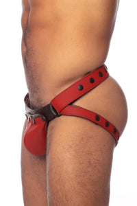 Red leather jockstrap shown side on.