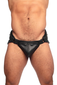 Black leather jockstrap worn by a thick male model, front view