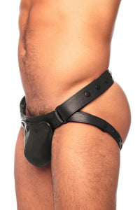 Black leather jockstrap worn by a male model, side view