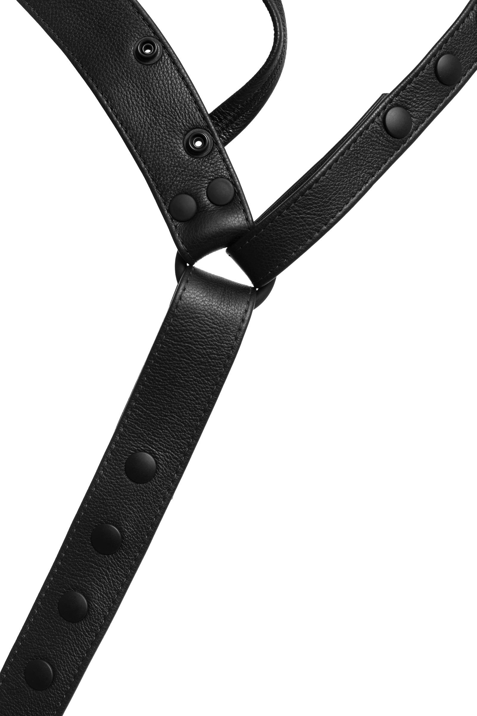 Close-up of an ARMY OF MEN black leather jockstrap, front view.