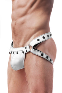 A muscular model wearing a quality ARMY OF MEN white leather jockstrap with matte black hardware, three-quarter view.
