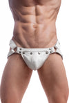 A chiselled model in a handmade ARMY OF MEN LEATHER JOCK - White & Stainless Steel with metal hardware, front facing view.