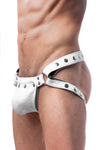 Angled view of muscular model in a handmade ARMY OF MEN LEATHER JOCK - White & Stainless Steel with stainless steel hardware.