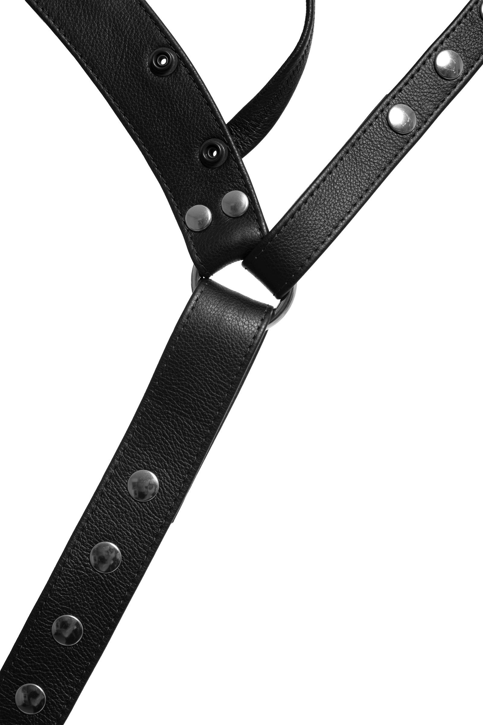 Close up front view of a black leather jockstrap with stainless steel hardware.