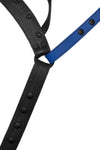 Flat view of front side of a black and blue leather jockstrap