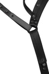 Flat view of lining side of a black and grey leather jockstrap
