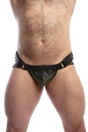 Front view of model wearing a black and army green leather jockstrap with shadow detail on codpiece