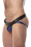 Side view of model wearing a black and blue leather jockstrap with shadow detail on codpiece