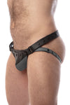 Side view of model wearing a black and grey leather jockstrap with shadow detail on codpiece