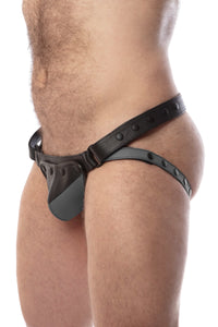 Side view of model wearing a black and grey leather jockstrap with shadow detail on codpiece