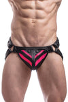 Male model wearing a distinctive ARMY OF MEN black and fluro pink leather jock with matt black hardware, front facing view.