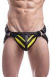 A chiselled model wearing an unique ARMY OF MEN FLURO STRIPE JOCK - Fluro Yellow with matte black snaps, front facing view.
