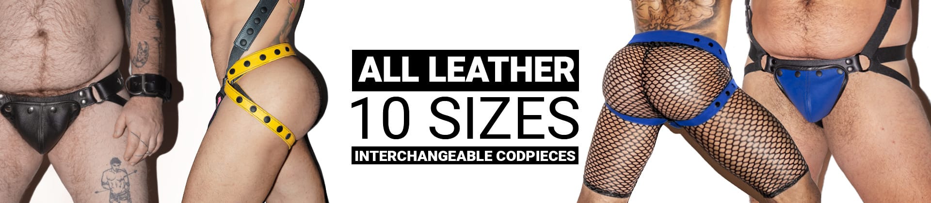Jockstraps banner image containing different sized models wearing jockstraps and text explaining that products are all leather, come in 10 different sizes, and feature interchangeable codpieces