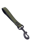 A 1-inch-wide ARMY OF MEN army green leather leash with matte black hardware, laid flat and viewed from above.