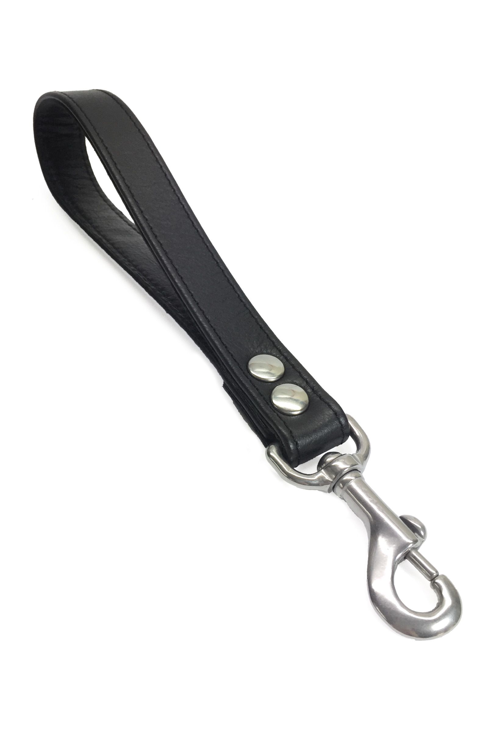 ARMY OF MEN 1-inch-wide black leather handle leash with stainless steel rivets, and snap hook, laid flat and shot from above.
