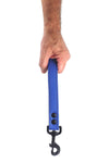 Male model grasping an Australian-made 1-inch-wide ARMY OF MEN blue leather leash with matte black rivets, and snap hook.