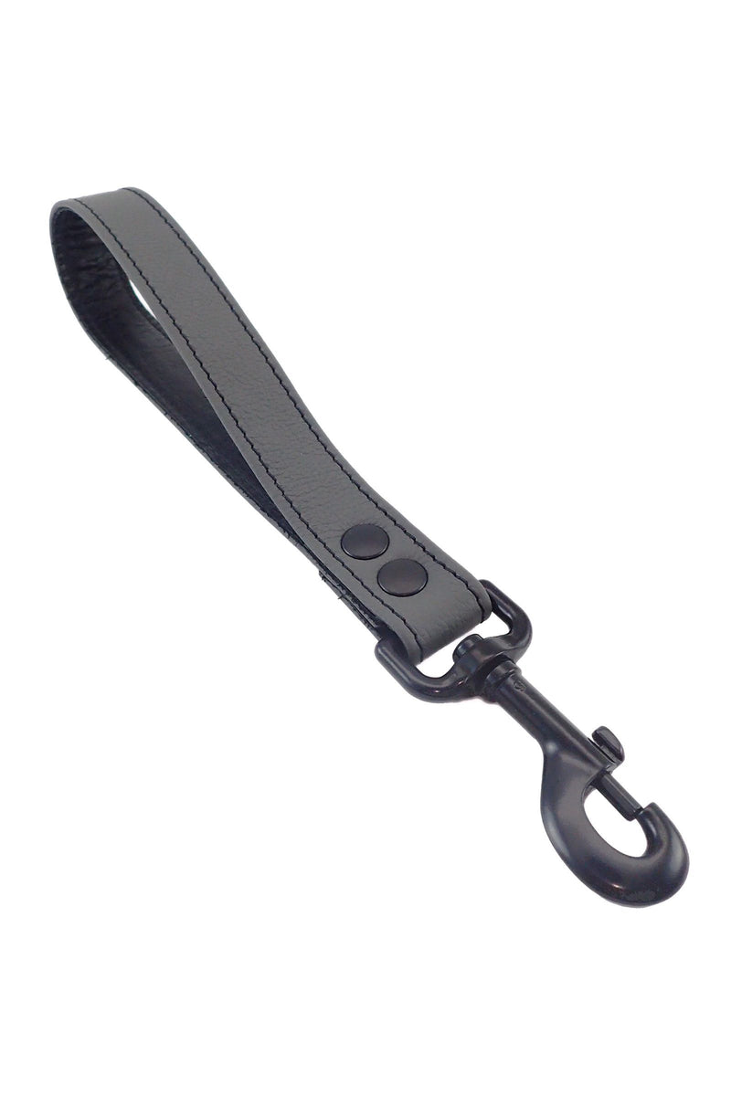 ARMY OF MEN 1-inch-wide HANDLE LEASH - Grey with matte black swivel snap hook, laid flat and captured from above.