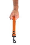 Male model holding a 1-inch-wide ARMY OF MEN HANDLE LEASH - Orange with matt black rivets, and swivel snap hook.