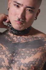 Model wearing 1.5" black leather combat pup collar with stainless steel buckle and hardware