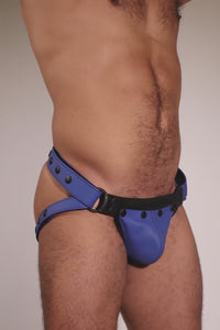 Male model in a blue and black leather jockstrap.