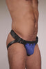 Male model in a black leather jockstrap with blue leather codpiece.